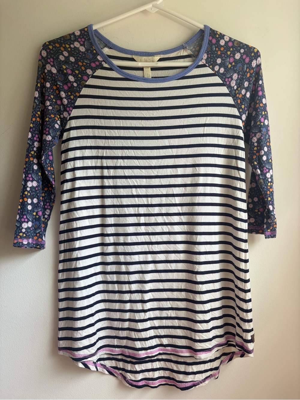 Matilda Jane Women's Raglan Baseball Tee 3/4 Sleeve Size S Striped Floral Hi-Lo